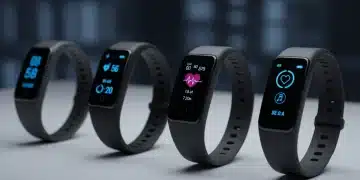 Four popular fitness trackers from 2025 displaying heart rate and sleep data on their screens, set against a blurred tech background.