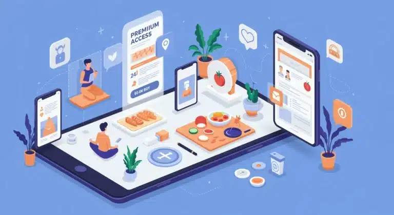 Illustration of diverse health and wellness app interfaces on digital devices, showcasing fitness, meditation, and nutrition features with 'Free Trial' banners.