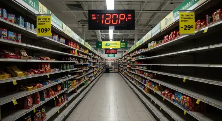 Shopping cart with distressed consumer looking at high grocery prices