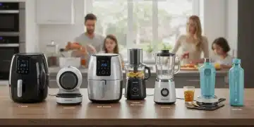 Six innovative kitchen gadgets on a modern counter, showcasing efficiency and durability for busy households.