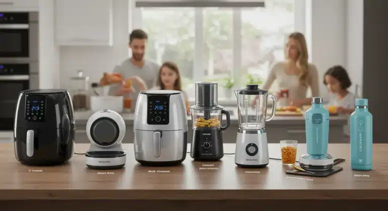 Six innovative kitchen gadgets on a modern counter, showcasing efficiency and durability for busy households.