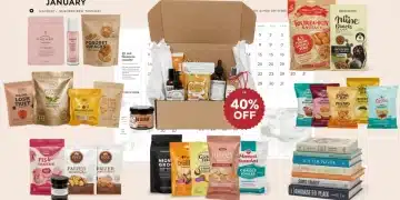 Collage of diverse subscription box items with a '40% off' tag for January 2025 deals
