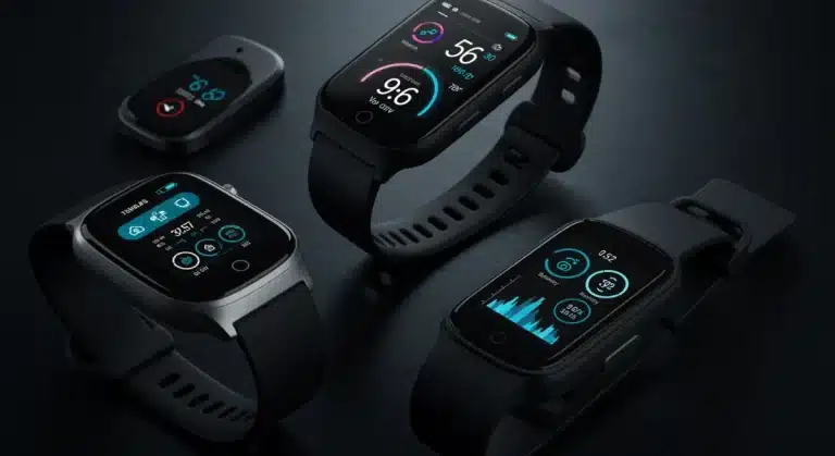 Three modern wearable fitness trackers showcasing their advanced features for health monitoring