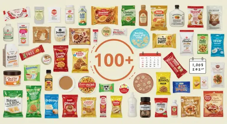 Collection of diverse lifestyle product freebies, including cosmetics, snacks, and home essentials, signifying over $100 in annual savings for 2025.