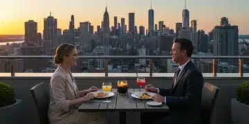 Beyond Coupons: 3 Little-Known Ways to Save 30% on High-End US Experiences 2025 Couple enjoying luxury dining with city view, symbolizing high-end lifestyle savings.