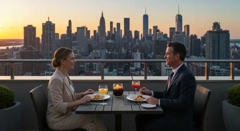 Couple enjoying luxury dining with city view, symbolizing high-end lifestyle savings.