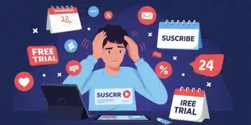 Person managing multiple free trial subscriptions on a tablet to avoid auto-renewal charges in 2025.