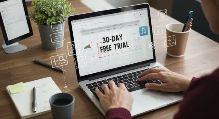 Person planning to maximize a 30-day free trial on a laptop