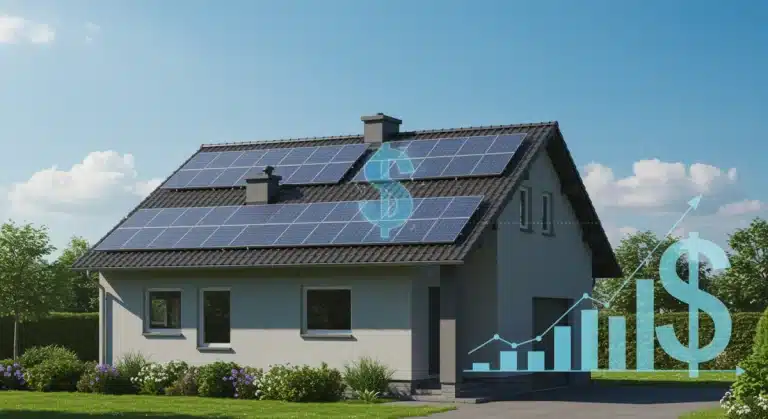 Modern home with solar panels, symbolizing new energy bill rebates for US homeowners in 2025.