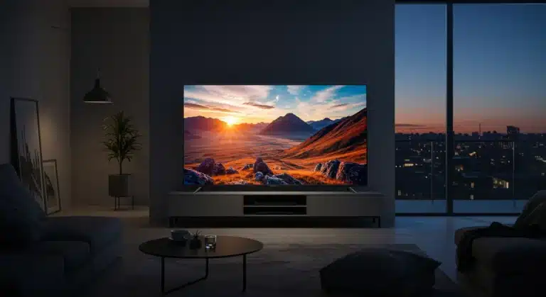 Modern living room with a budget 4K smart TV displaying vibrant content