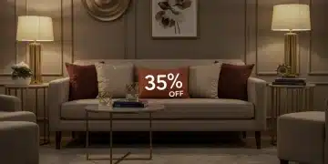 Modern living room with stylish decor and subtle 35% off savings tag for early 2025