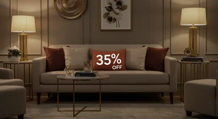 Modern living room with stylish decor and subtle 35% off savings tag for early 2025