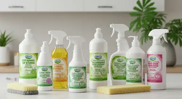 Assortment of seven new eco-friendly cleaning products on a countertop