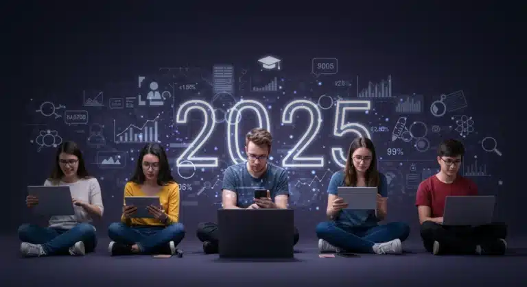 People engaging in online learning with various devices in 2025, symbolizing free educational trials and skill development.