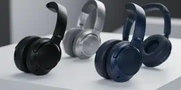 Three premium noise-cancelling headphones, black, silver, and blue, showcasing design and technology.