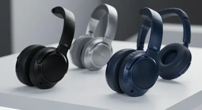Three premium noise-cancelling headphones, black, silver, and blue, showcasing design and technology.