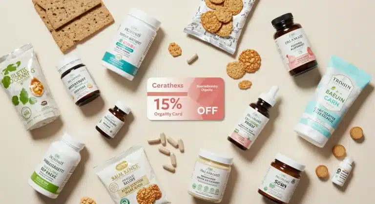 Assortment of premium wellness products with a loyalty program discount overlay