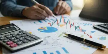 Financial documents, calculator, and a declining interest rate graph illustrating smart debt consolidation success.
