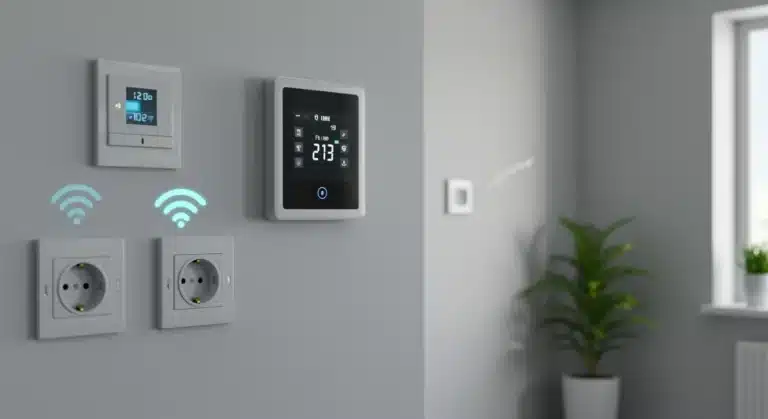 Smart home devices integrated into a modern living space demonstrating energy efficiency
