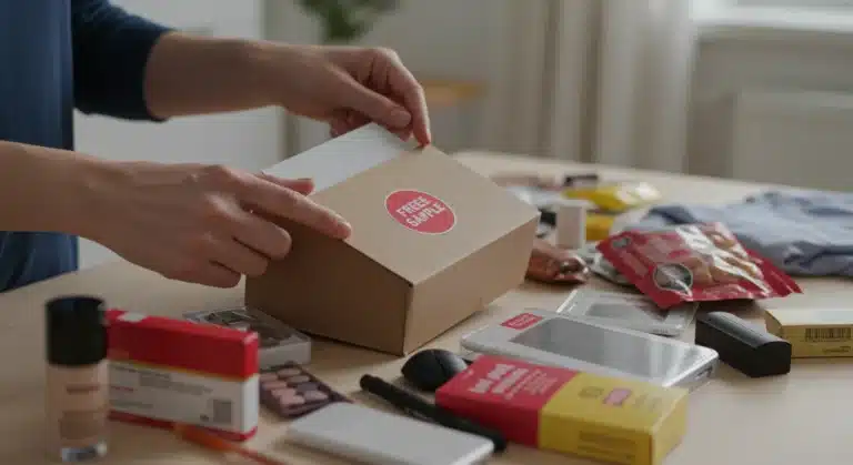 Hands unboxing a free product, surrounded by various sample items