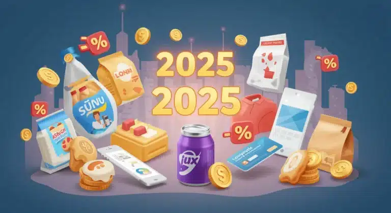 Illustration of loyalty cards and savings symbols over lifestyle products for 2025
