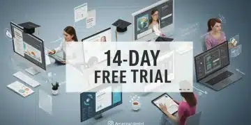 Illustration of digital learning platforms offering 14-day free trials in 2026, showcasing user engagement and educational technology innovation.