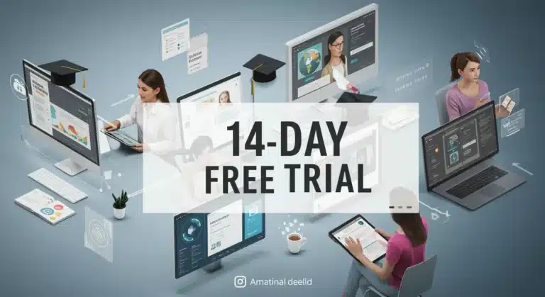 Illustration of digital learning platforms offering 14-day free trials in 2026, showcasing user engagement and educational technology innovation.