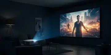 Sleek 4K projector displaying vibrant movie scene in modern home theater