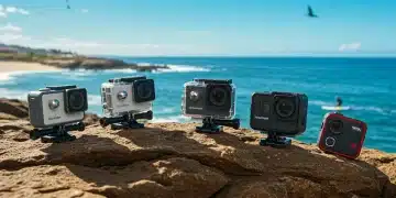 Five top action camera models for 2026 displayed on a rocky cliff overlooking the ocean, showcasing durability and image quality.