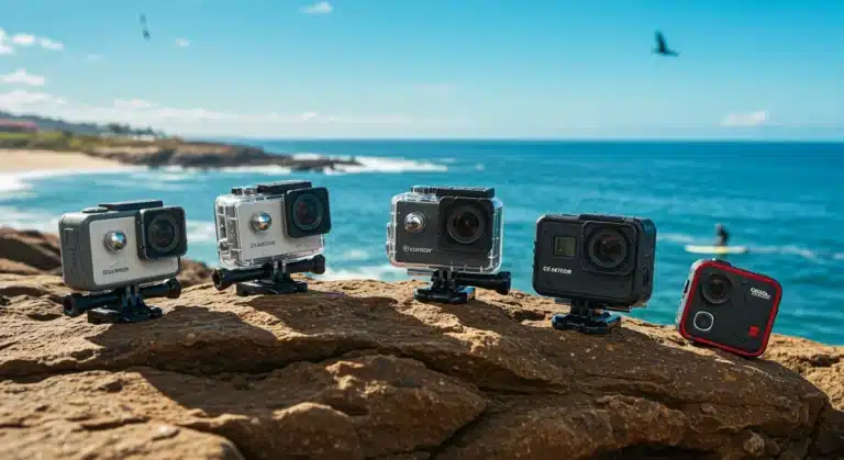 Five top action camera models for 2026 displayed on a rocky cliff overlooking the ocean, showcasing durability and image quality.