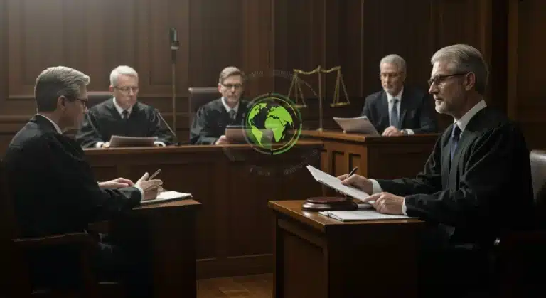 Courtroom drama symbolizing eco-friendly claims lawsuits