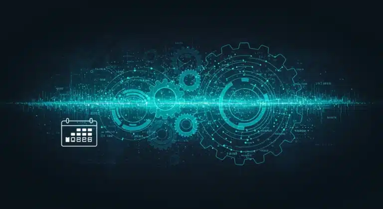 Digital gears representing regulatory frameworks in online advertising, with data streams and a calendar icon indicating March 2026.