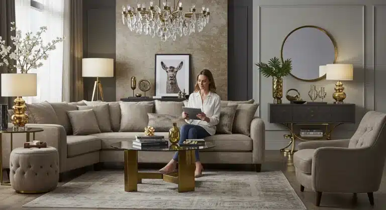 Elegant living room with high-end furniture and decor, highlighting smart savings on luxury home goods