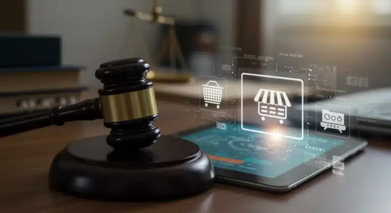 Gavel on tablet symbolizing new federal consumer protection act for online shopping