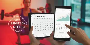 Woman using a fitness app on a tablet during a workout, with a calendar showing March 2026 deadline for free trials