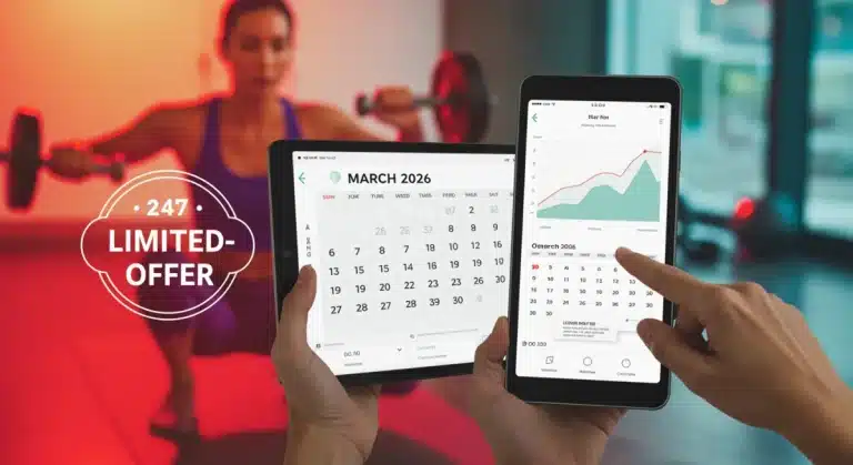 Woman using a fitness app on a tablet during a workout, with a calendar showing March 2026 deadline for free trials