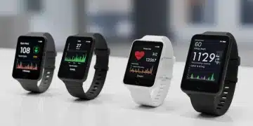 Four modern wearable health monitors displayed on a clean surface, showcasing various health data.