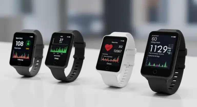 Four modern wearable health monitors displayed on a clean surface, showcasing various health data.