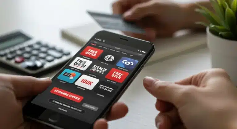 Smartphone displaying free trial offers with a credit card, symbolizing financial savings