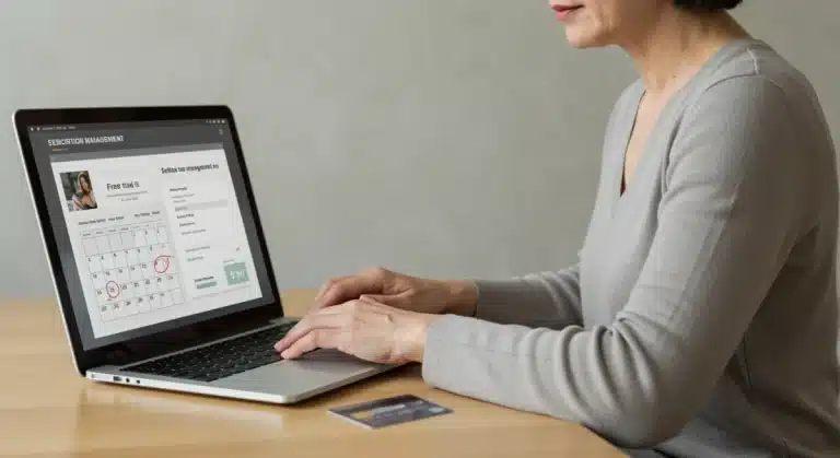 Person meticulously reviewing free trial terms on a tablet