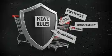 Shield guarding shopping cart from deceptive online ads, illustrating FTC's new 2025 disclosure guidelines.