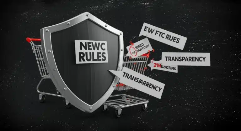 Shield guarding shopping cart from deceptive online ads, illustrating FTC's new 2025 disclosure guidelines.