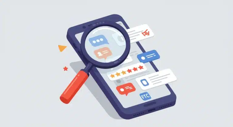 FTC regulations on product reviews, magnifying glass over smartphone showing authentic reviews.