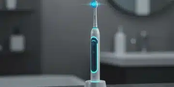 Futuristic electric toothbrush on charging base with blue light, representing advanced dental technology for superior cleaning.