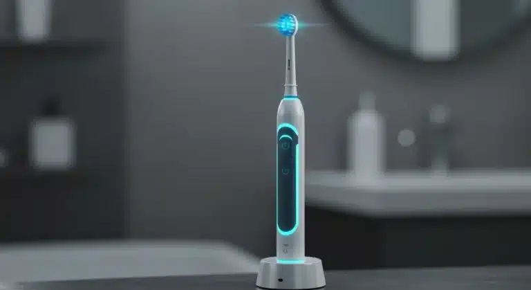 Futuristic electric toothbrush on charging base with blue light, representing advanced dental technology for superior cleaning.