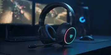 Futuristic gaming headset with RGB lighting on a gaming desk