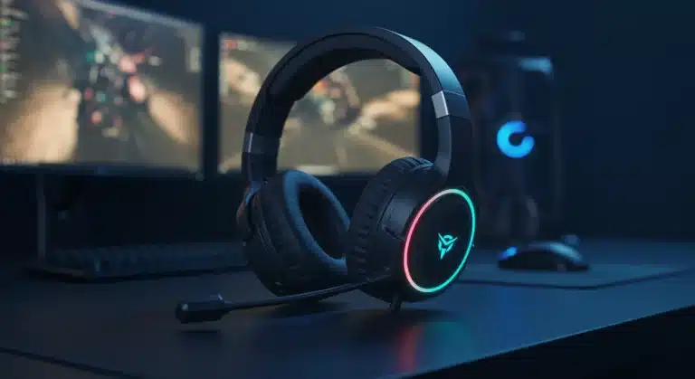 Futuristic gaming headset with RGB lighting on a gaming desk