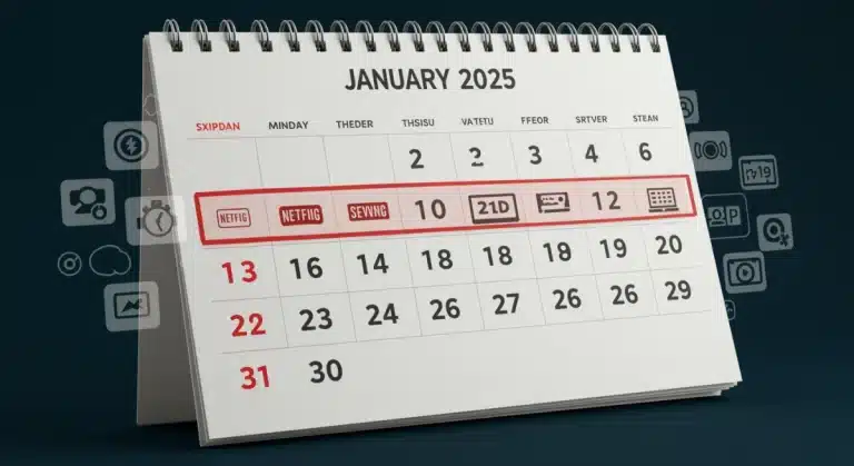 Calendar showing January 2025 with highlighted dates for expiring free trials, featuring various service icons.