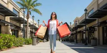 Woman enjoying luxury brand outlet shopping with significant savings