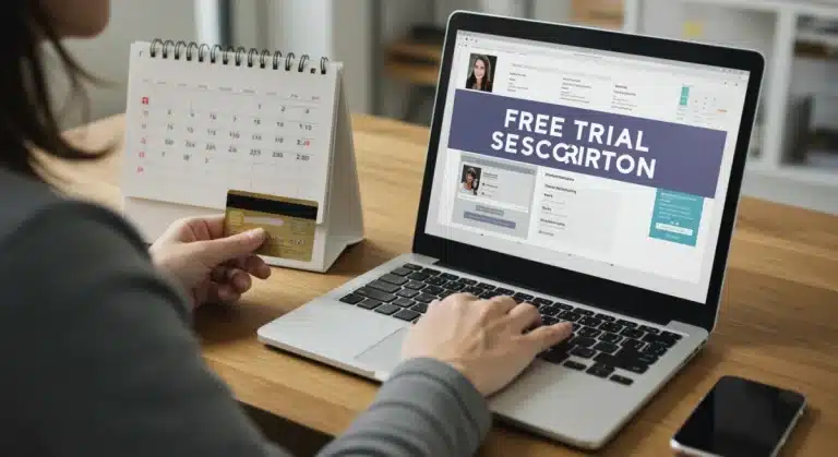 Organized person managing free trial subscriptions on a laptop, calendar, and credit card